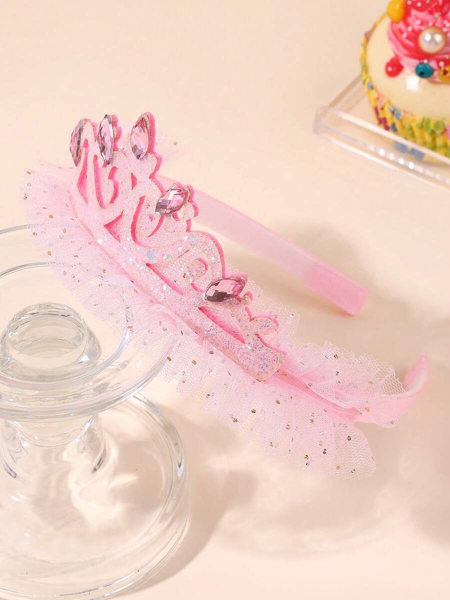 1個女孩用粉色網紗皇冠髮箍 閃亮髮圈 可愛公主頭飾 生日派對禮物 青少年髮飾 - 粉色 - 查看 1