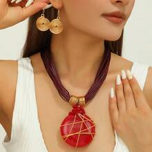 Bohemian Resin Pendant Multi-Strand Wax Cord Necklace And Earrings Set, Wedding And Daily Wear Jewelry - Red - View 6