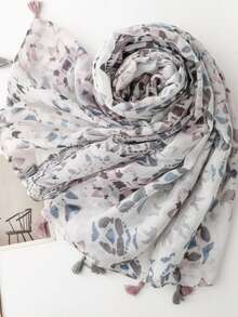 Floral Print Polyester Scarf Suitable For Vacation Wear - Light Grey - View 4