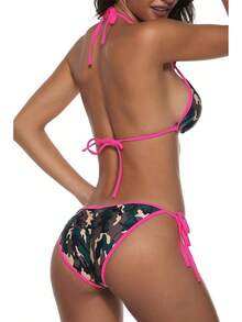 Women Two Piece Swimsuit Sexy Swimwear Halter String Triangle Bikini Sets - 偽裝 - 查看 3