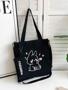 Tas Tote Kanvas untuk Siswa Sekolah Dasar dan Menengah, Tas Bimbingan Belajar Bergambar Kartun, Tas Bahu, Tas Selempang Kanvas, Ransel Serbaguna Kapasitas Besar - Hitam - View 4