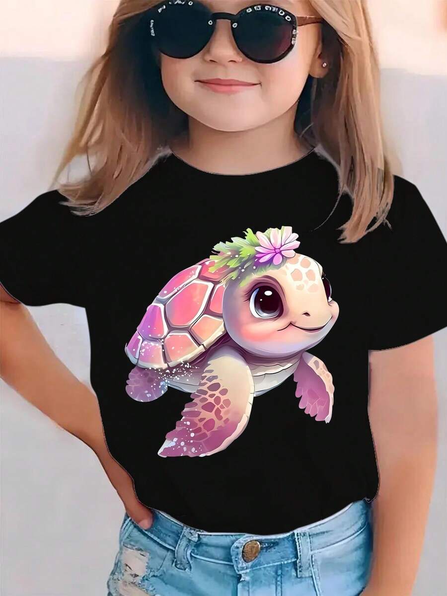 Pink Turtleneck T-Shirt With Flowers And Elastic Neck, Regular Fit Summer Clothes For Girls, Ideal Complement To A Casual Girl's Outfit, Unisex Children's Clothing - 黑色 - 查看 1