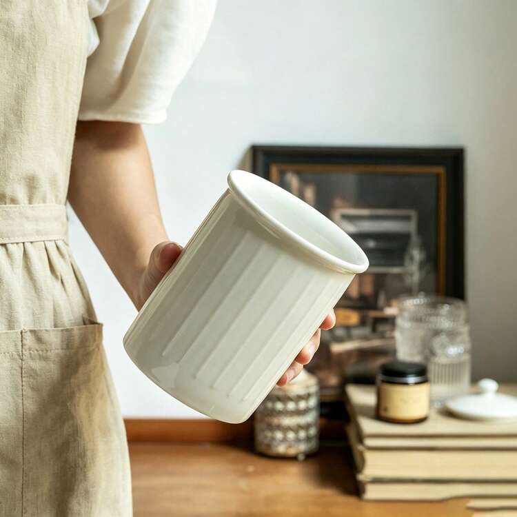 1pc White Vertical Striped Ceramic Multi-Functional Tableware Rack, Modern Minimalist Kitchen Utensil Storage Box, Decorative Storage Jar & Vase - View 2