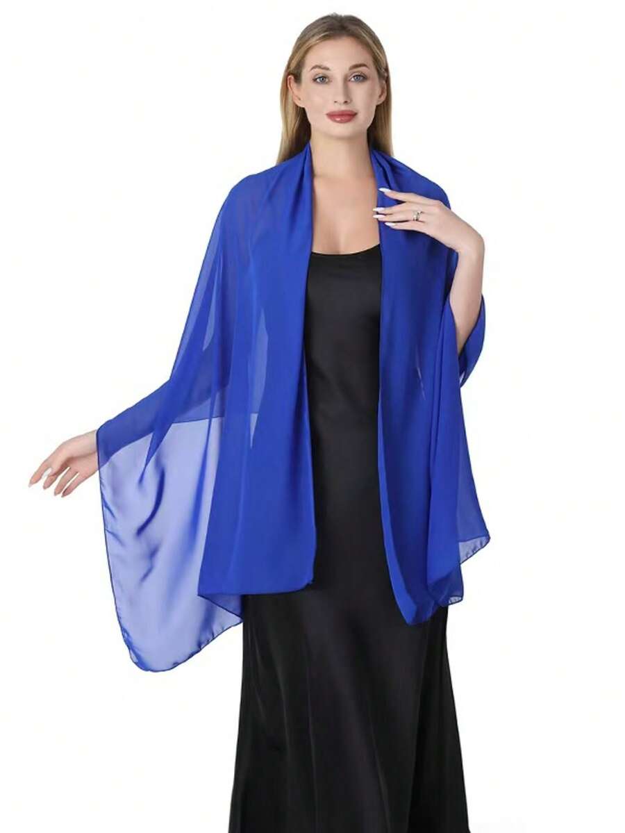 Women's Soft Solid Color Sheer Shawl Prom Party Dress Accessory Chiffon Wrap - Blue - View 1