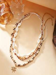 3pcs/Set Men's Vintage Bohemian Shell Decor Seed Bead Necklace, Creative Fashion Metal Spiral Sun Pendant Multi-Layer Necklace, Suitable For Men And Beach Vacation Jewelry Set - Three-piece Necklace - View 2