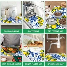 1pc Lemon Pattern Absorbent Drying Mat, Kitchen Decor Coffee Machine Mat, Hand-Drip Coffee Pot Draining Mat, Kitchen Floor Mat, Table Mat, Kitchen Countertop Dish Drying Mat, Breakfast Mat, Heat-Resistant Draining Mat With Non-Slip Backing, Diatomaceous Earth Draining Mat, Stain-Hiding, Super Absorbent Kitchen Draining Mat, Easy-To-Clean Dish Rack Mat, Perfect For Kitchen, Dining Table, Coffee Shop, Bar, Holiday, Party, Home Decor, Holiday Gift - Multicolor - View 7