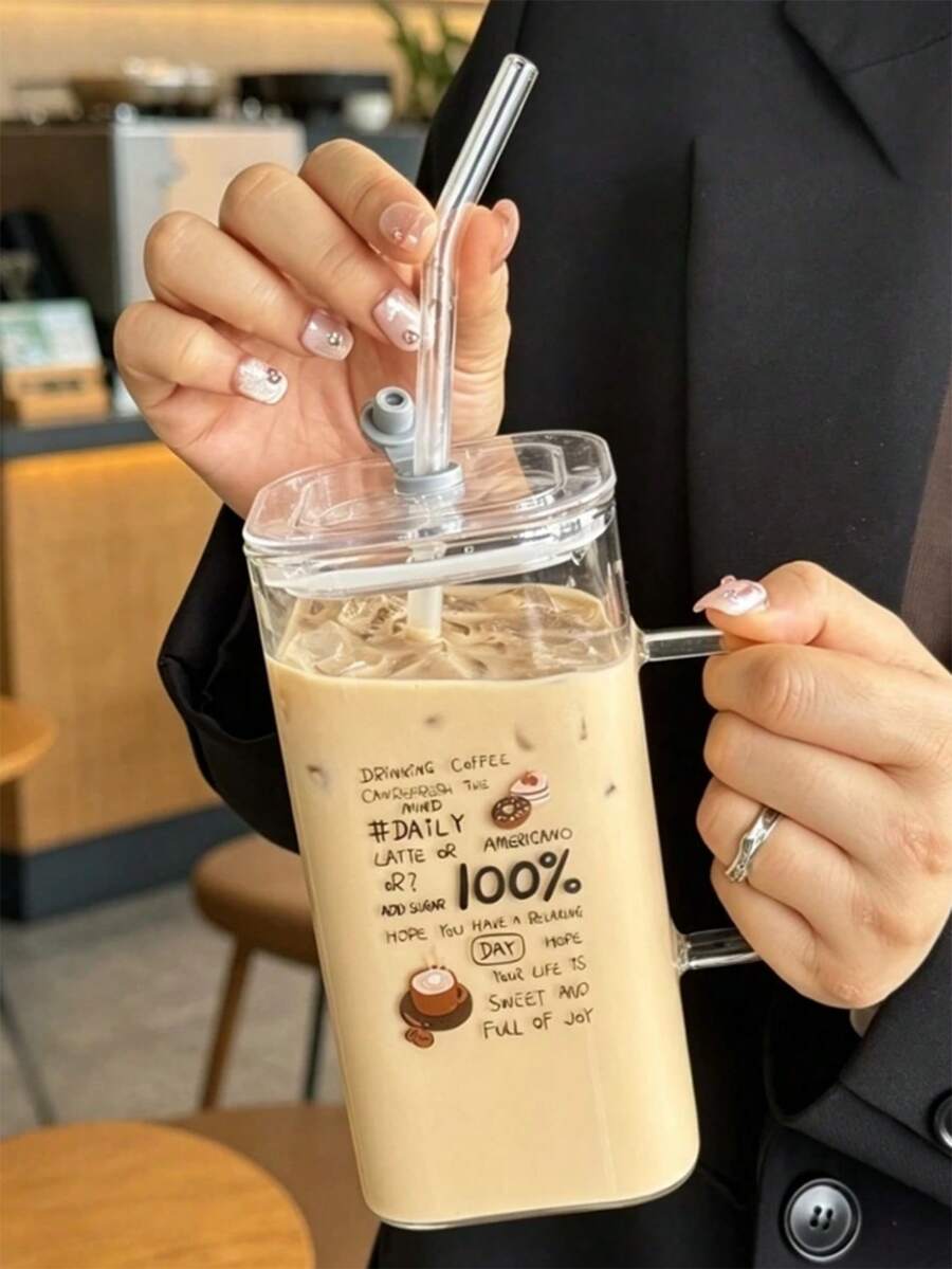 1/2件裝 極簡耐熱透明玻璃杯附吸管與PP材質杯蓋 900ml INS風字母大容量玻璃杯,適合冰拿鐵咖啡、隨行飲品、果汁與思摩奇,女性理想禮物,適用辦公室、水杯、夏季清爽飲品,生日、節日、情人節與復活節 - 彩色 - 查看 1