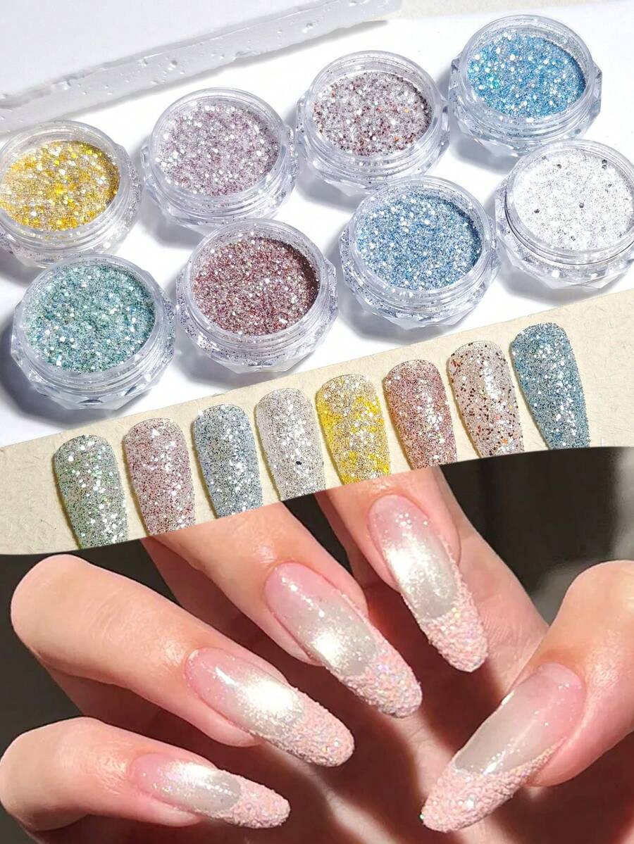 8色糖粉美甲亮片,珍珠光澤亮粉,適用於美甲、婚禮、情人節、手足護理與指甲油裝飾,瞬間增添DIY美甲設計魅力 - 彩色 - 查看 1