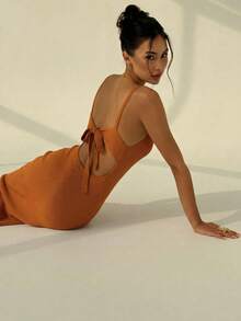 Vestido de verano para mujer de unicolor con textura acanalada, botones de concha, diseño calado, tirantes finos, abertura alta, sexy, para vacaciones y playa - Naranja - Ver 4