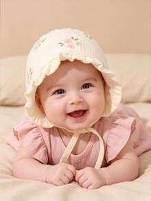 1PC Baby Muslin Bonnet, Skin-Friendly Soft Ruffle Floral Newborn Hat, Adjustable Tie Breathable Sun Protection For 0-18M Toddlers - 1PC - View 3