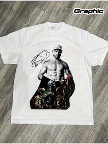 Camiseta Gráfica de Boxeo Canelo Alvarez para Hombre_ Blanca, Transpirable, Casual de Verano con Diseño de Firma y Guantes, Corte Atlético, Cuello Redondo, Manga Corta, Diseño Temático de Bo - Blanco - Ver 1