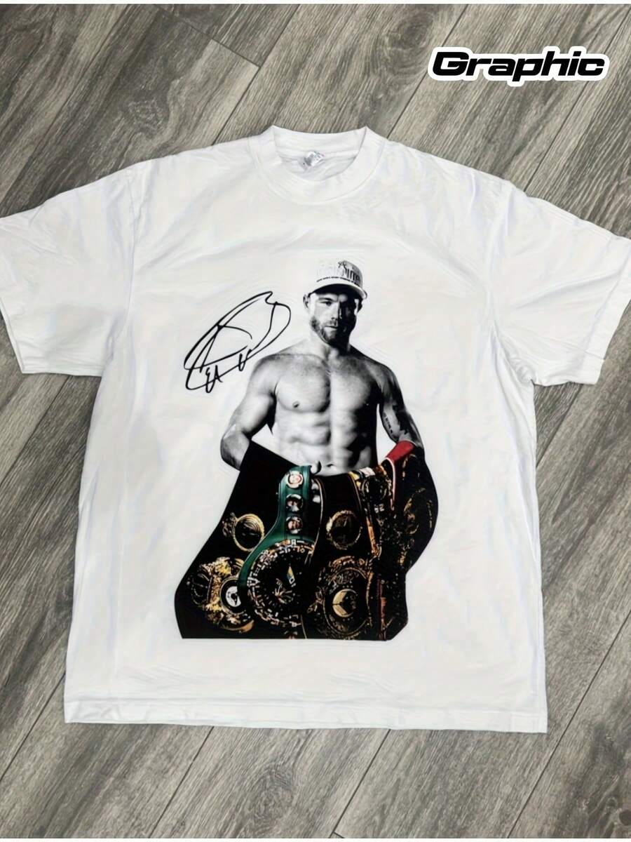 Camiseta Gráfica de Boxeo Canelo Alvarez para Hombre_ Blanca, Transpirable, Casual de Verano con Diseño de Firma y Guantes, Corte Atlético, Cuello Redondo, Manga Corta, Diseño Temático de Bo - Blanco - Ver 1