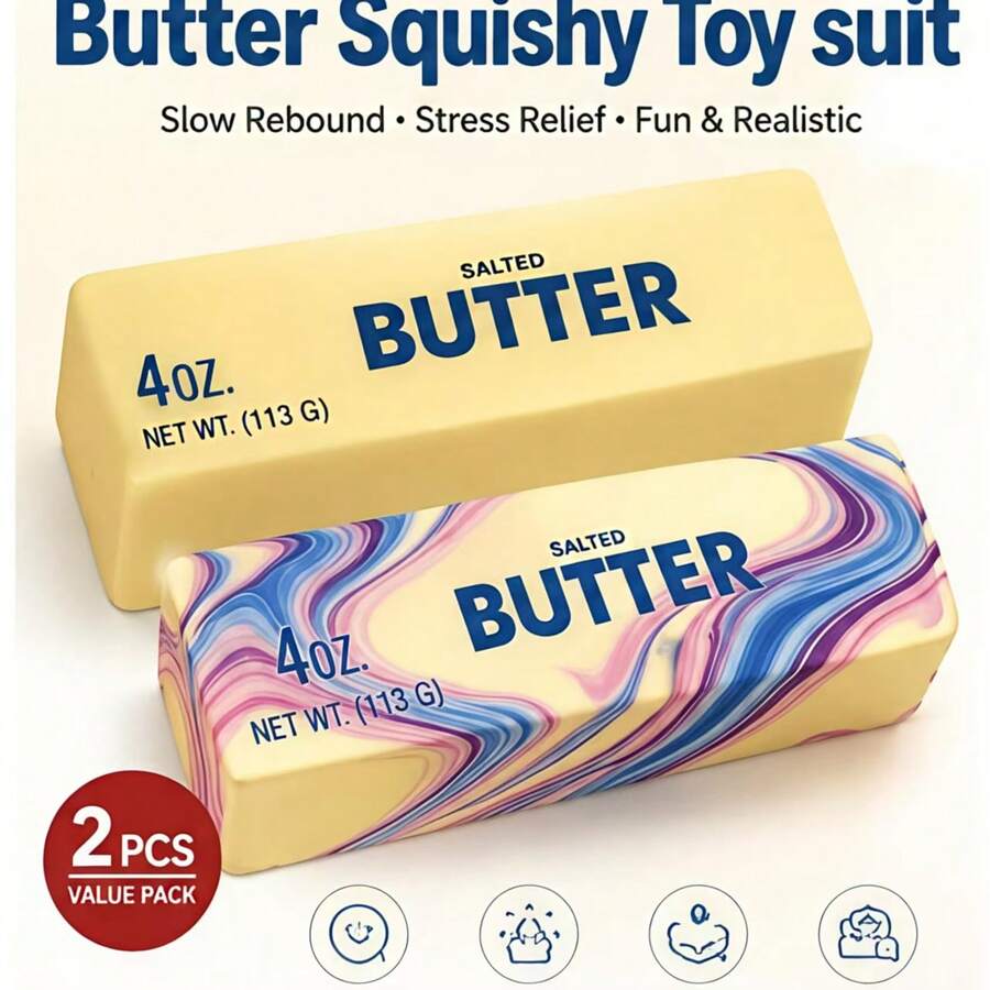 2Pcs-Realistic Butter + Swirl Youtiao Squishy Toys - Soft Stress Relief Finger Toys, Suitable For Teens/Adults/Children, Slow Rebound Sensory Stress Relief Toys - Multicolor - View 1