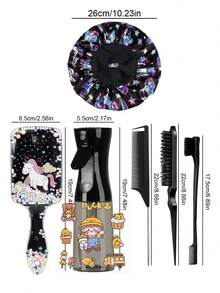 OBOVAY 1/6pcs Cartoon Cute Comb Set, Transparent Unicorn Shaped Air Cushion Hairbrush, Satin Sleep Cap (Unicorn Print Design), 200ml Hair Spray Bottle, Suitable For Daily Use And Sleep, Includes Fluffy Hairbrush, Tail Comb, Edge Comb, Suitable For Styling Bangs, Hairline, Sideburns, Eyebrows And Eyelashes, Perfect Gift For Girls - Multicolor - View 9
