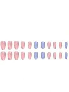 24-teiliges Set Press-On Nägel, quadratisch, French Nail Art, einfaches Color Blocking, lustiges Muster, künstliche Nägel, inklusive 1 Nagelfeile und 1 Gel-Basis, Nagelpflege-Werkzeuge - Verschiedenfarbig - Übersicht 4
