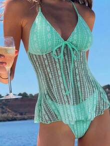 2026 New Mint Green Lace Bikini Set, Elegant Summer Beach Holiday Women Swimwear Vacation - Mint Blue - View 9