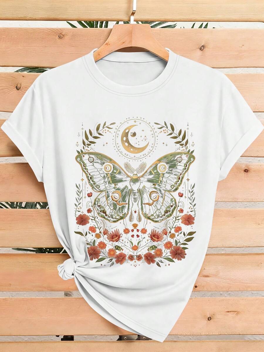 Camiseta Mujer Manga Corta Cuello Redondo Estampado Casual, Blusa Básica Corte Relajado, Top Versátil para Diario y Vacaciones de Verano, Ropa Cómoda - Blanco - Ver 1