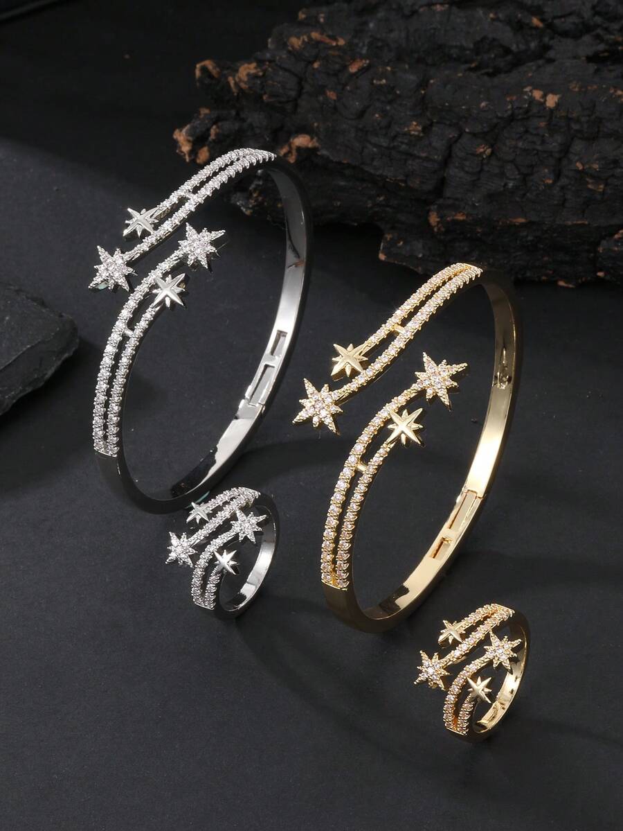 2件組 鋯石多層流星開口手鍊與戒指套組 女款,適合日常、派對、約會與婚禮,夏季百搭配件,女士奢華禮物 - 星星 - 查看 1