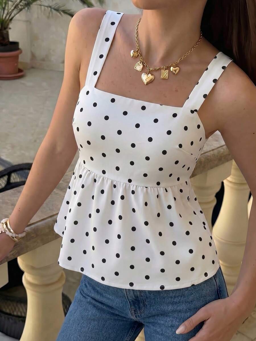 女士撞色波点系带后背纽扣优雅吊带背心,适合夏季日常休闲穿着 - 白底黑點 - 查看 1