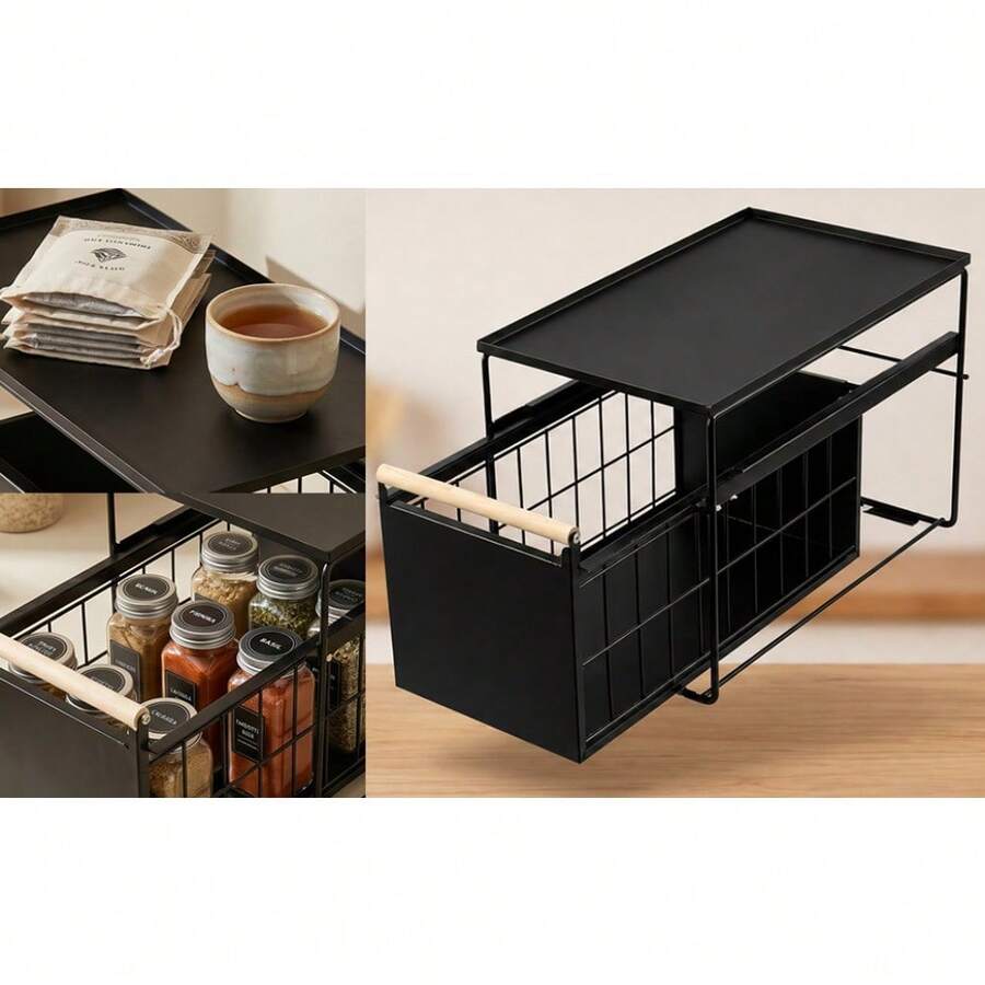 Multipurpose Pullable Kitchen Cabinet Organizer, Single Double Layer Black Metal Mesh Storage Rack With Handle For Bathroom Bedroom Pantry And Office Space Arrangement - Black - View 1