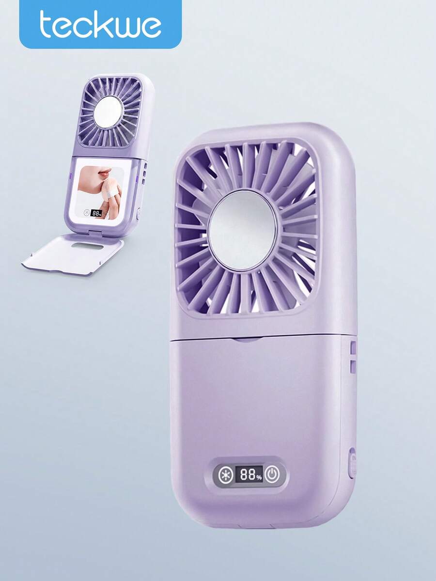 Teckwe 2026 New 2-In-1 Handheld Fan With Makeup Mirror, Portable USB Rechargeable Personal Cooling Fan With LED Light, Foldable Mini Fan For Makeup, Travel, Office, Summer Gift For Women 2000mAh Lithium Battery