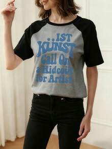 Y2K Blue Letter Print Raglan Sleeve T-Shirt Women Subculture Hot Girl Style Versatile Loose Short Sleeve Top Casual Summer - Dark Gray - View 9