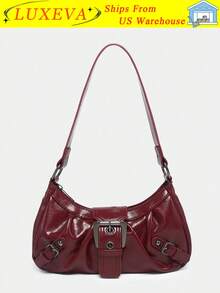 Y2K Vintage Soft Distressed Leather Motorcycle Bag With Rivet,Buckle,Pleated Cloud Decor,Shoulder/Underarm Bag,Suitable For Work,Commute,Date,Party - 酒紅色 - 查看 10