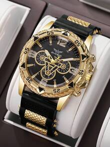 Men's Silicone Watch Classic Fashion Three-Eye Digital Scale Dial Handsome Sports Quartz Wristwatch (1pc/Set) Does Not Include Watch Box - Black - View 7
