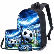 3 PiecesFootball Pattern Casual Backpack Set, 15 Inch, Lightweight Outdoor Casual Backpack, Includes School Bag, Crossbody Bag And Pencil Case - 足球背包 - 查看 2