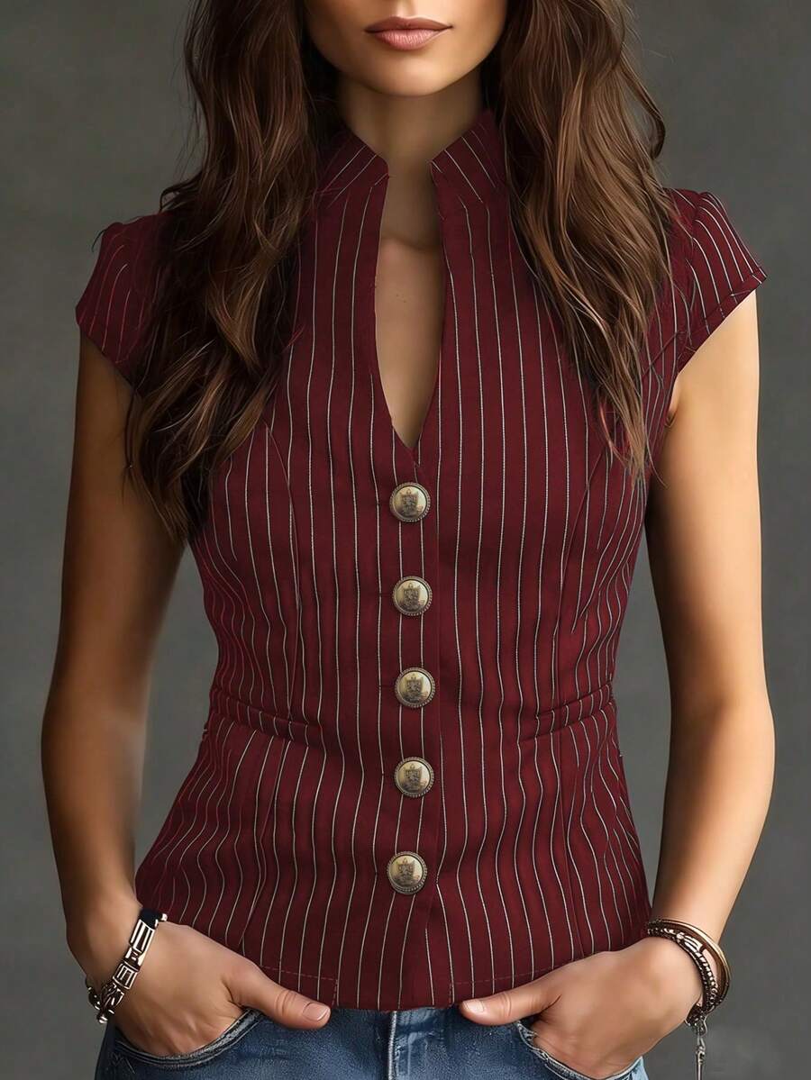 Camisa de mujer elegante, urbana y moderna de estilo casual, de un solo pecho, con diseño de bolsillo falso y cuello en V, a rayas azul marino y blanco. Blusa de oficina/trabajo, cárdigan de - Burdeos - Ver 1