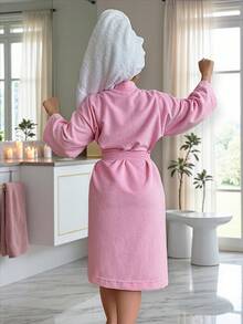 UNISEX BATHROBE, WIDE AND LONG, EXCELLENT ABSORPTION, MICRO-TOWEL FABRIC (COTTON WITH MICROFIBER) - 淺粉色 - 查看 4