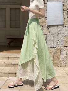 Asymmetrical Lace Patchwork High Waist Slimming Elegant Versatile A-Line Long Skirt For Women, Summer 2026 New Style - Lime Green - View 6