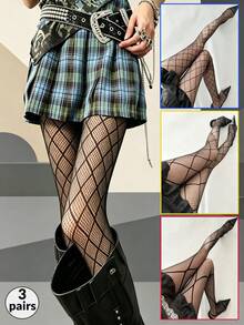 3pcs/Set Women's Fishnet Stockings, Sexy Plus Size Mesh Diamond Pattern Lace-Up Fishnet Stockings, Hollow Mesh Tights Breathable Cool Comfortable Fishnet Stockings Women's Solid Color Elastic Non-Binding Vintage Diamond Pattern Knit Anti-Snag Leggings Tights - Black - View 2