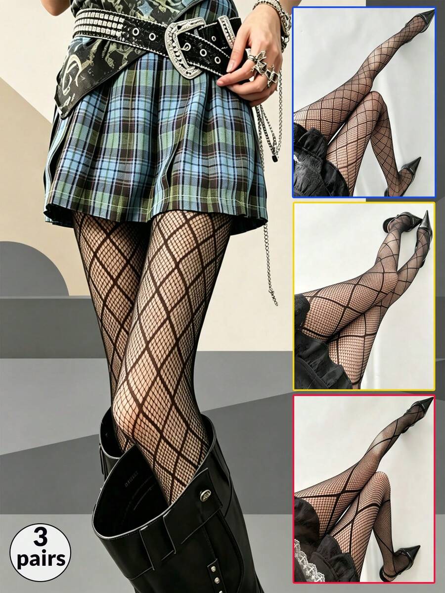 3pcs/Set Women's Fishnet Stockings, Sexy Plus Size Mesh Diamond Pattern Lace-Up Fishnet Stockings, Hollow Mesh Tights Breathable Cool Comfortable Fishnet Stockings Women's Solid Color Elastic Non-Binding Vintage Diamond Pattern Knit Anti-Snag Leggings Tights