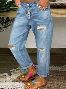 Jeans de pierna recta con cierre de un solo botón, desgastados y con dobladillo enrollado, casual para primavera y otoño - Lavado ligero - Ver 7
