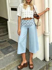 Fold Over Wide Leg Capri Pants For Women Low Rise Lounge Yoga Flare Culottes Y2k Flowy Crop Palazzo Pants - 淺藍色 - 查看 4