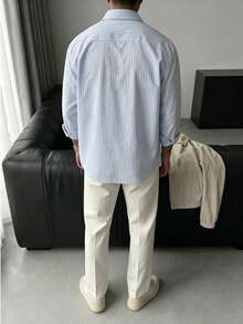 Whitmere Men Cotton Casual Business Commute Striped Long Sleeve Shirt/Daily Casual Business - Baby Blue - View 5