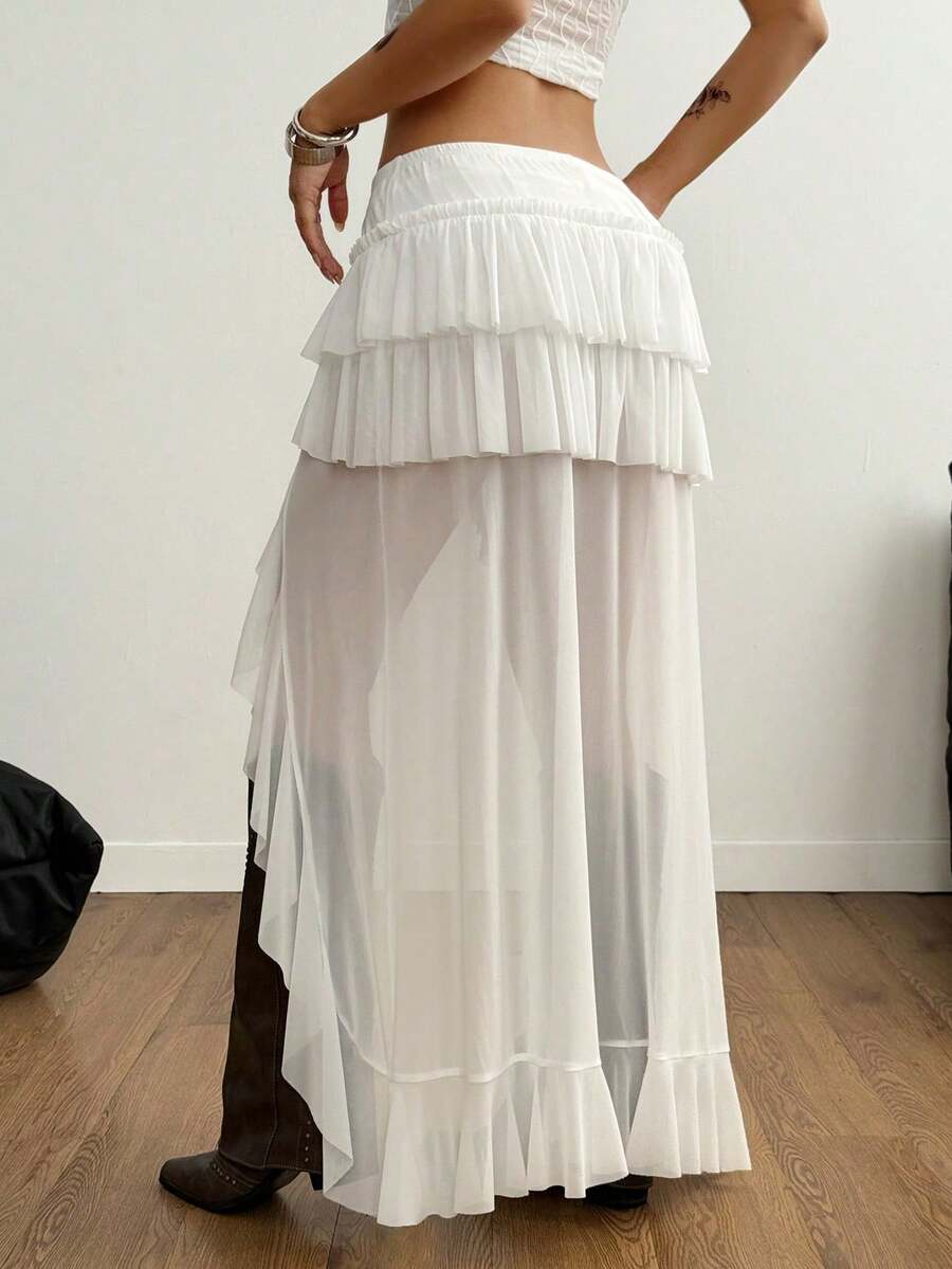 Falda plisada irregular de malla blanca con dobladillo para mujer, estilo hippie boho, western, Y2K, Fairycore, para festivales de música de verano - Blanco - Ver 1