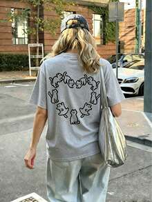 Heart Cat Pattern T-Shirt, Cute Minimalist Print T-Shirt, Cat Lover Aesthetic Casual Short Sleeve, Playful Cute Style Top Summer - Grey - View 2
