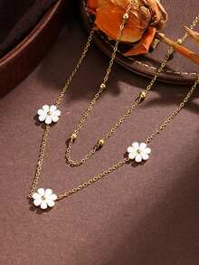 4pcs Ins Style Small Daisy Double Layer Beaded Chain Stainless Steel 18K Gold Plated Necklace Bracelet Earrings Jewelry Set For Women - Gold - View 2