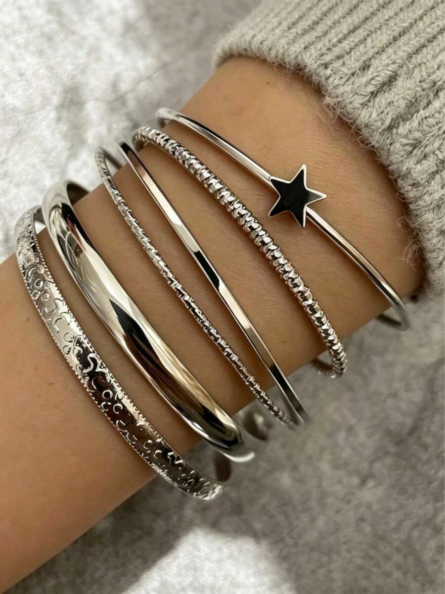 6pcs Vintage Exaggerated Open Star Bangle Bracelet Set, Smooth Asymmetrical Cuff Bracelets - Silver - View 1