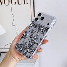 1個黑色蕾絲花卉個性化荔枝紋理霧面全包覆防摔TPU時尚手機保護殼，適用於 16 15 14 13 12 11 17 Pro Max - 彩色 - 查看 3