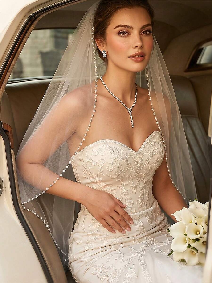 Exquisite Beaded Bridal Veil, Simple And Elegant, With Hair Comb, Wedding Dress Accessory