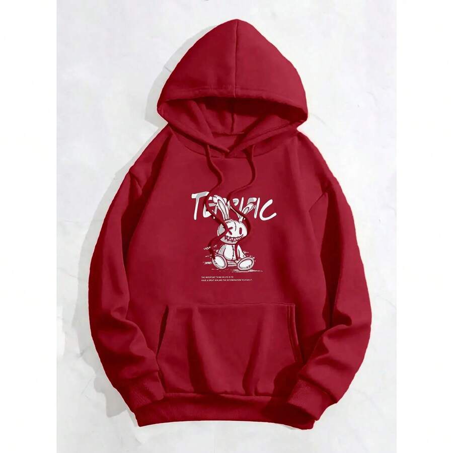 Men's Hoodie With Drawstring And Kangaroo Pocket With Graphics And Lettering - Red - View 1