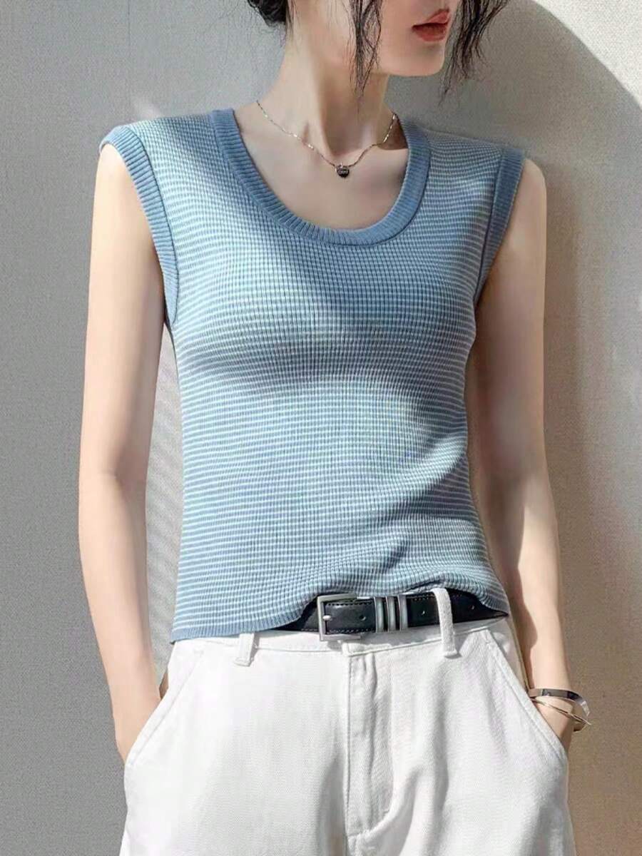 Perfect For Summer: A Striped Sleeveless Knit Vest (For Women), And A Stylish, Youthful Short-Sleeved T-Shirt. - Baby Blue - View 1