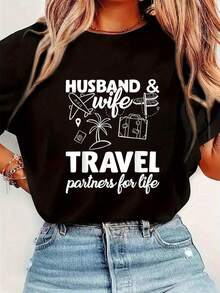Outfi de vacaciones pararejas, camiseta gráfica con impresión sólidararejas de esposo y esposa, compañeros de vie para toda la vida, camiseta casual de manga cortara mujer parrimavera y - Negro - Ver 2