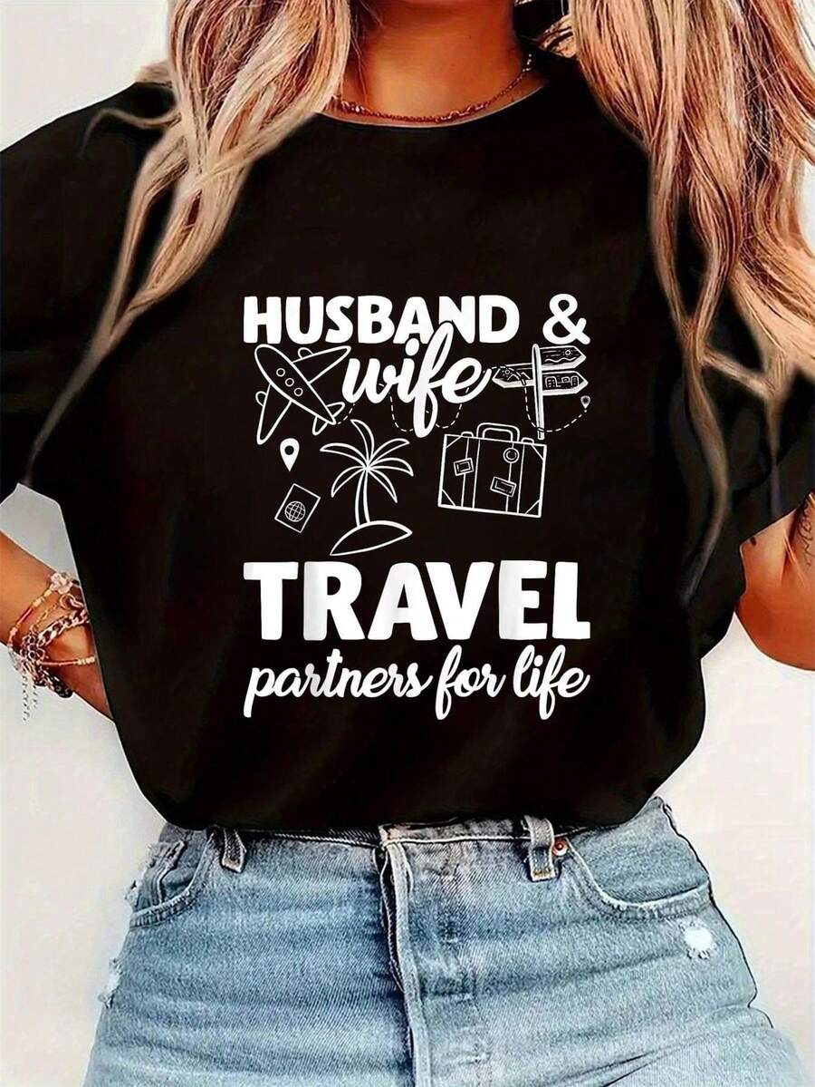 Outfi de vacaciones pararejas, camiseta gráfica con impresión sólidararejas de esposo y esposa, compañeros de vie para toda la vida, camiseta casual de manga cortara mujer parrimavera y