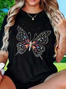 Camiseta blanca de mujer con adorno de maosa de str, diseño de insecto brillante, corte hoado, camiseta de verano de estilo casual y de moda - Negro - Ver 2