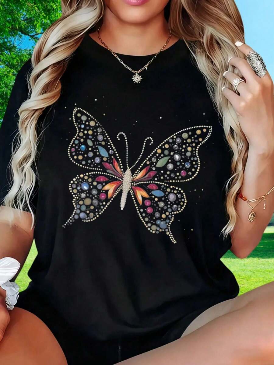 Camiseta blanca de mujer con adorno de maosa de str, diseño de insecto brillante, corte hoado, camiseta de verano de estilo casual y de moda