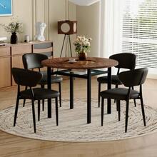 Modern Minimalist Round Table Set (2 White Polyurethane Armchairs With Curved Backrest), 100cm Diameter Round Table With Wood Look, Suitable For The Dining Room And Kitchen. - Black and Brown 1 - View 6